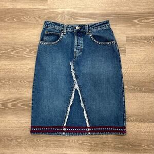 GAP Vintage Denim Midi Skirt Rhinestone Fringe Trim Made in USA Size 1
